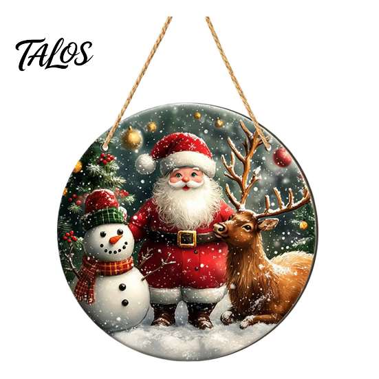 Rustic Christmas Wall Decor Wooden Round Hanging Sign, Santa Claus Highland Cow Winter Theme Farmhouse Holiday Art Door Decor, Welcome Ornament