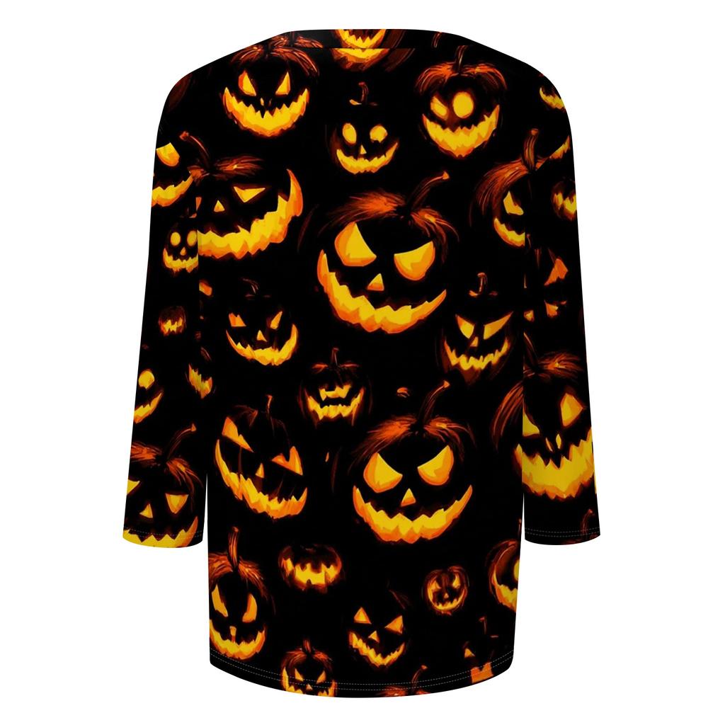 Damen Halloween Print V-Ausschnitt 3/4 Ärmel Lässiges Oberteil Leichter Weicher Stoff Lockere Passform Pulloverhemd für Saisonale Kleidung