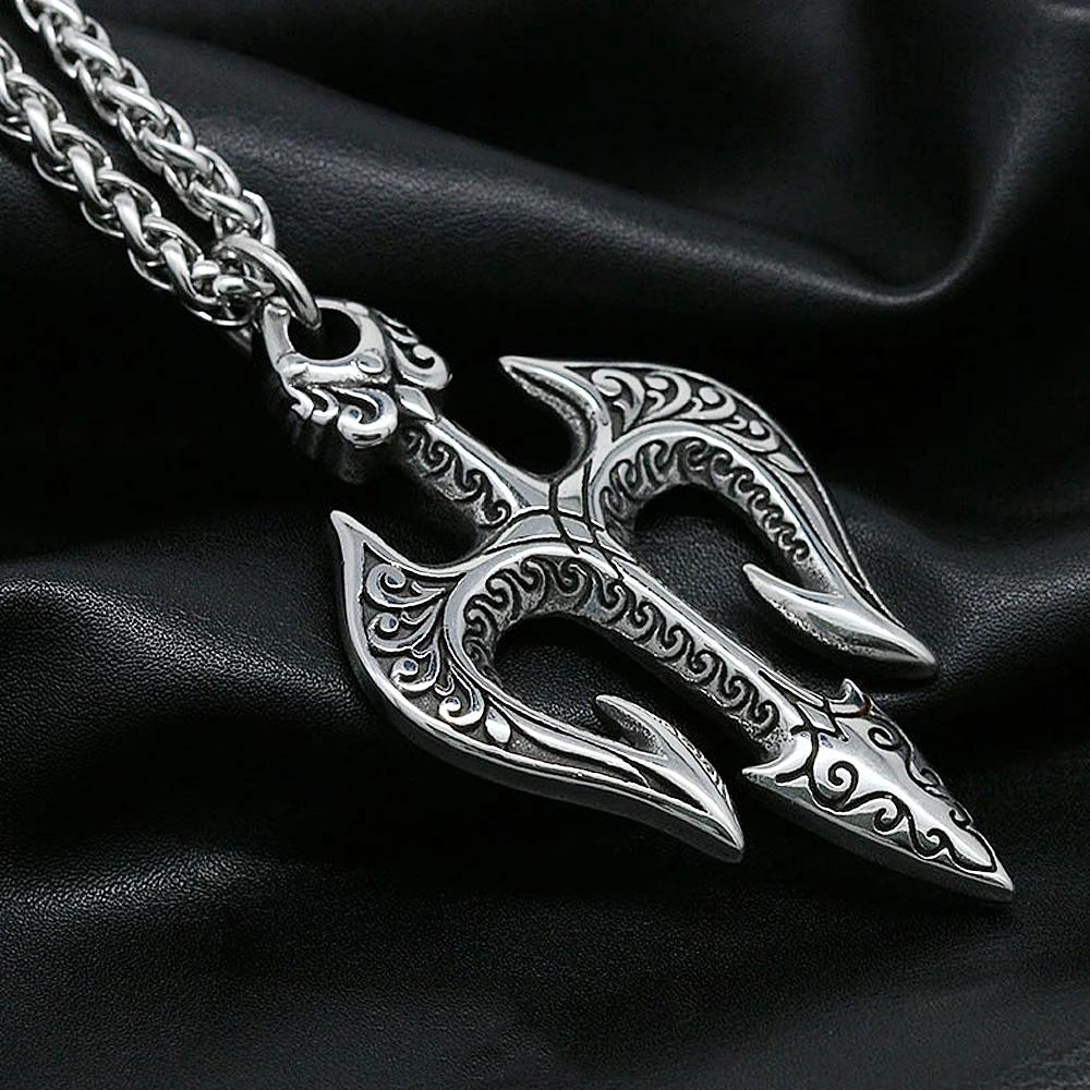1/316L Stainless Steel Poseidon Trident Necklace for Men Women Greek Mythology Norse Pendant Amulet Jewelry Retro Style