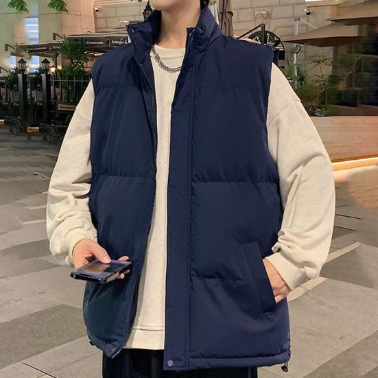 Men Cotton Waistcoat Stand Collar Sleeveless Pockets Quilted Vest Coat Solid Color