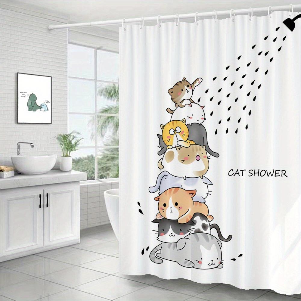 Whimsical Cat Tower Shower Curtain Stacked Cute Cats + “CAT SHOWER” Text, Water Droplets, 12 Hooks, 70.87×70.87 inch, Polyester