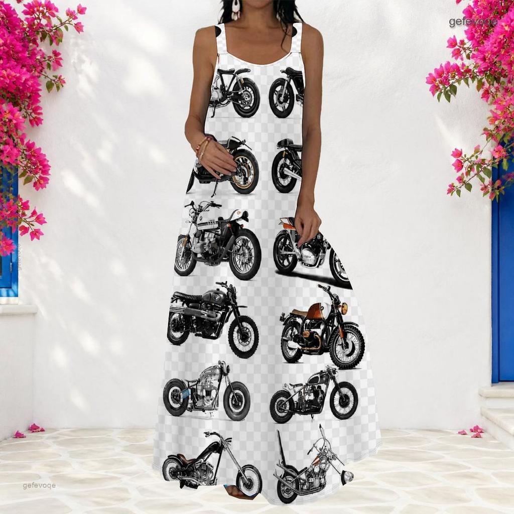 Women Plus Size Scoop Neck Strappy Sleeveless A Line Long Dress Cartoon Printed White