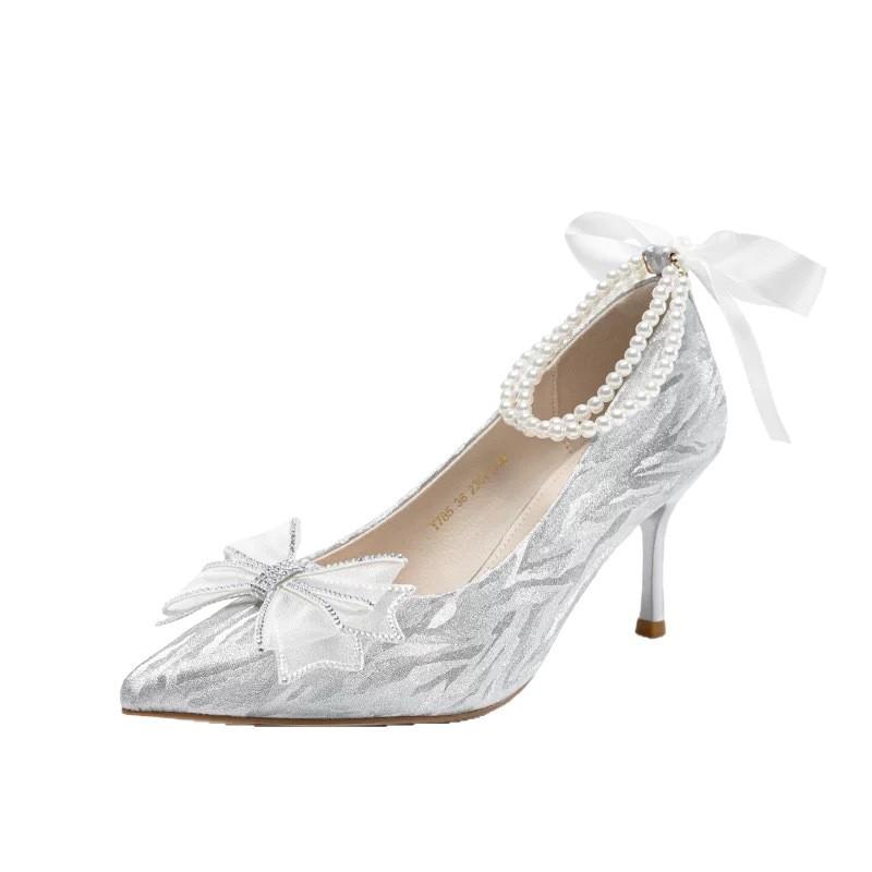 Festive shoes pointed high heels women's wedding shoes 2025 spring new French single shoes bride engagement shoes Xiuhe shoes