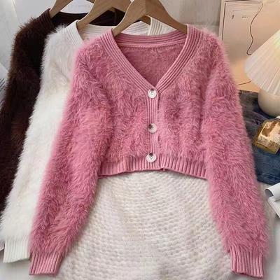 Kurze Strickjacke Herbst und Winter Neu Einfarbig Langhaar College-Stil V-Ausschnitt Langarm Imitat Nerzjacke Damen