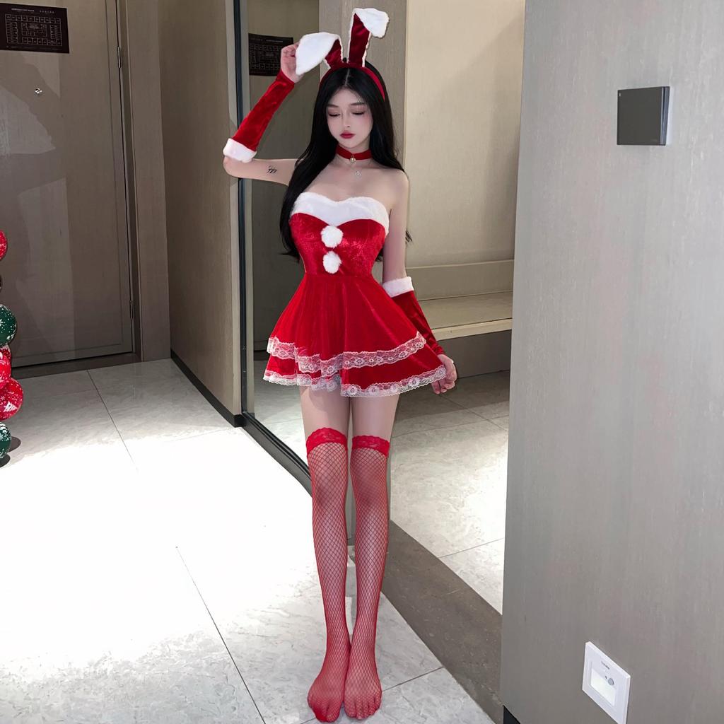 Velvet Strapless Bunny Girl Christmas Costume Set with Sleevelets
