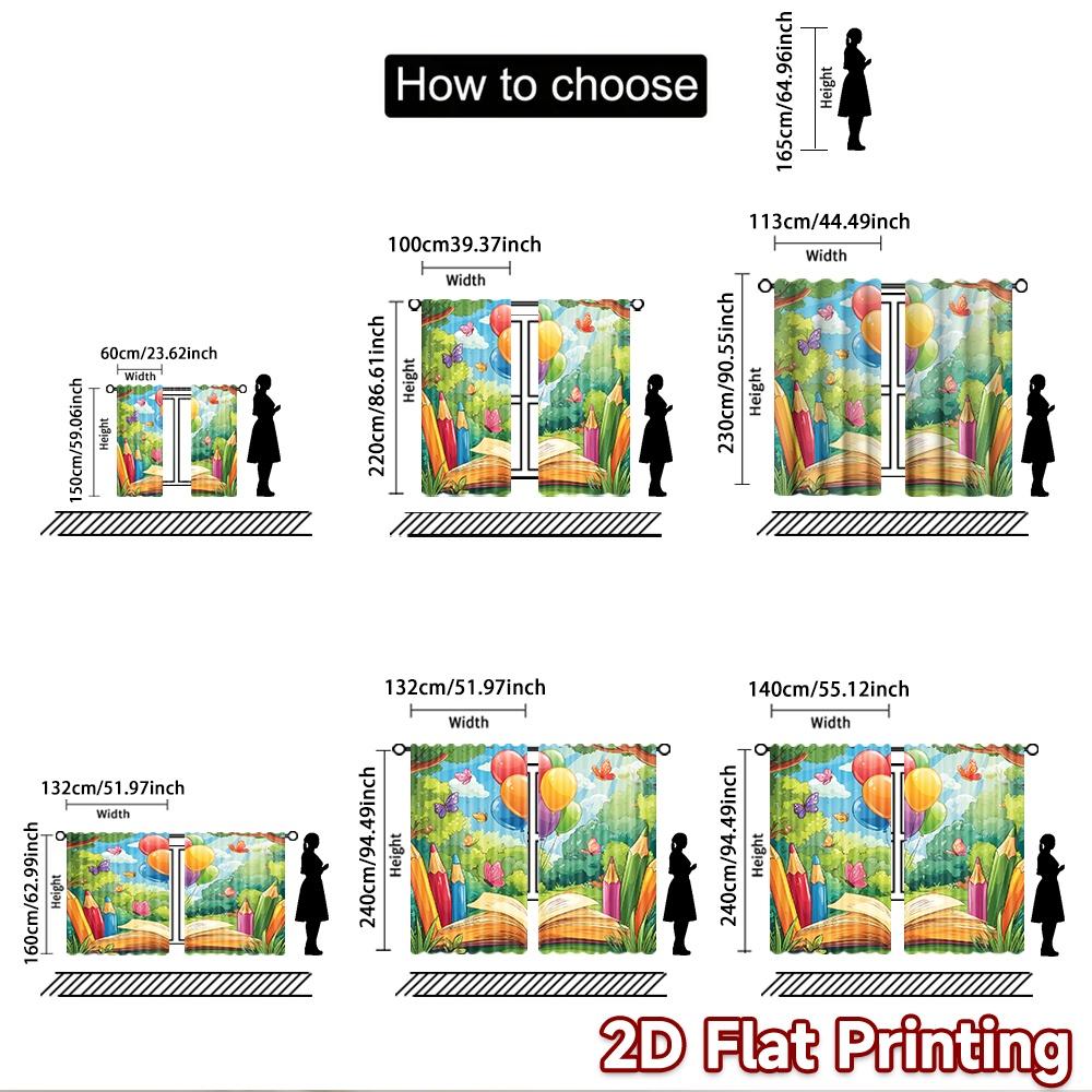 2D flat printing 2pcs Curtain Colorful Balloons Book Butterflies Nature Digital Printed Polyester Drapes Festive Wall Decor Use