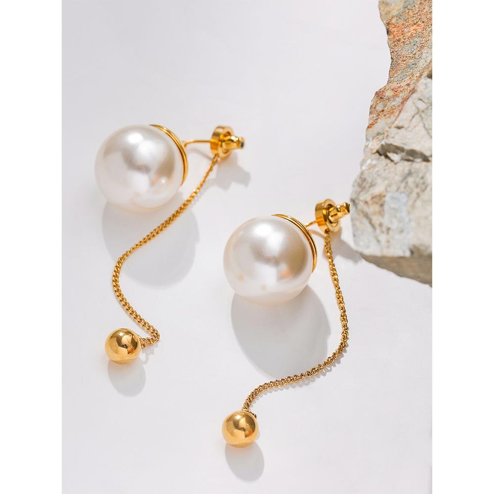 Yhpup Korean Imitation Pearls Chain Long Drop Stainless Steel Earrings Temperament Geometric Fashion Chic Party Jewelry Women