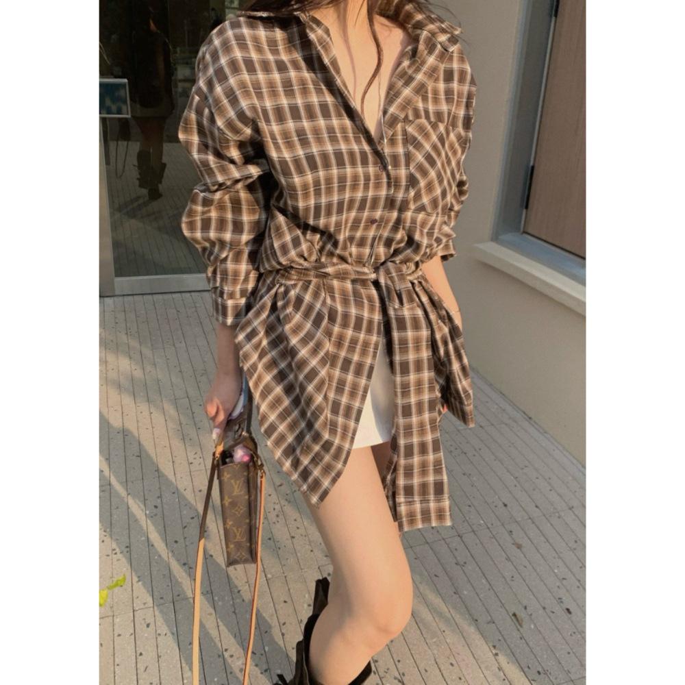 Women's Retro Plaid Long Sleeve Shirt with Tie Waist and Lapel