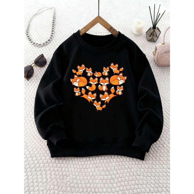 Kids Crewneck Sweatshirt, Fox & Heart Print Casual Fit Long Sleeve Top for Fall Winter Outings