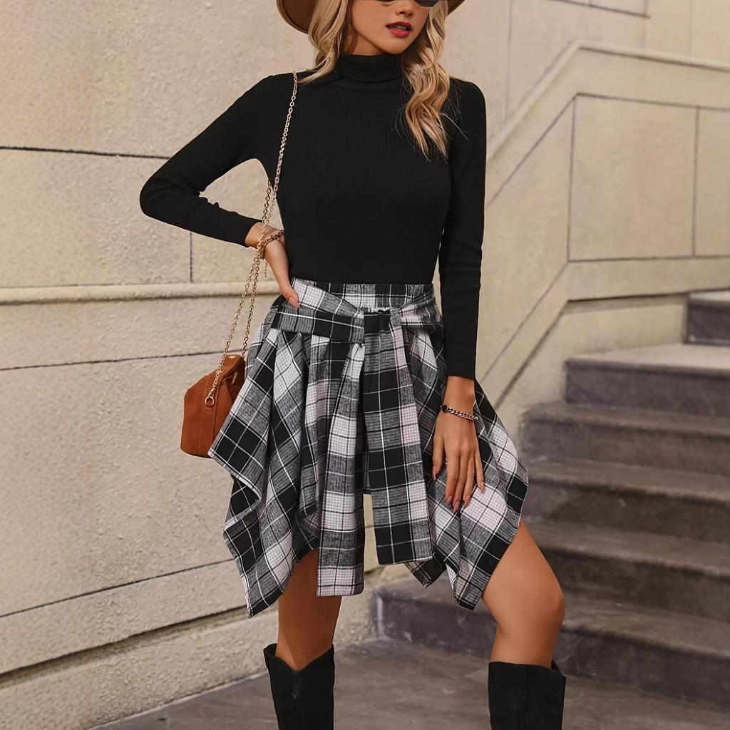 Women's High Waist Plaid Mini Skirt Irregular Asymmetrical Hem Tie Waist Casual Commuter Short Skirt