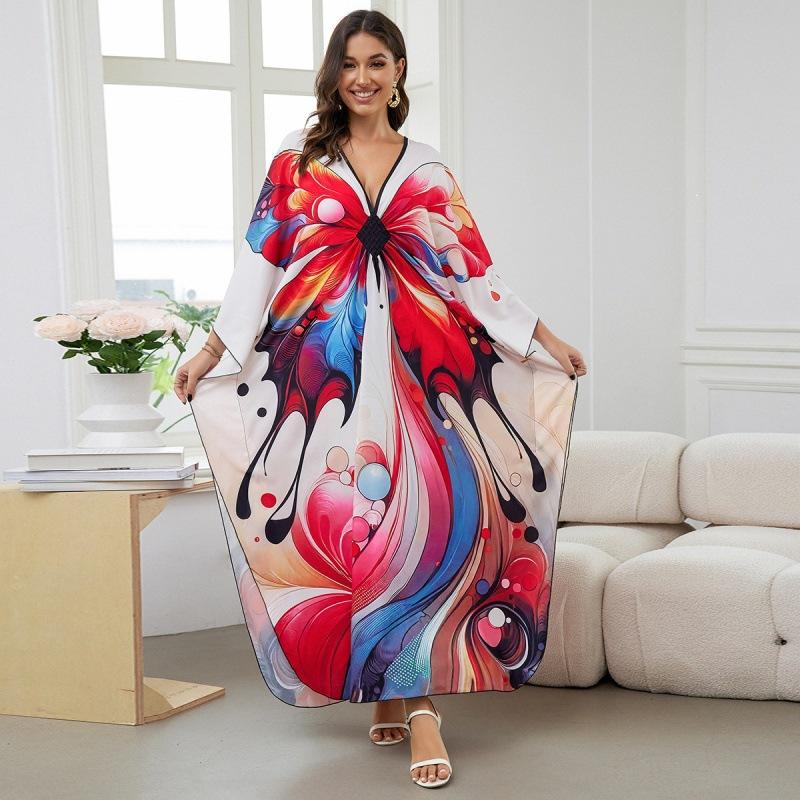 Vacation dress, long robe, loose positioned print beach cover-up, bikini dress