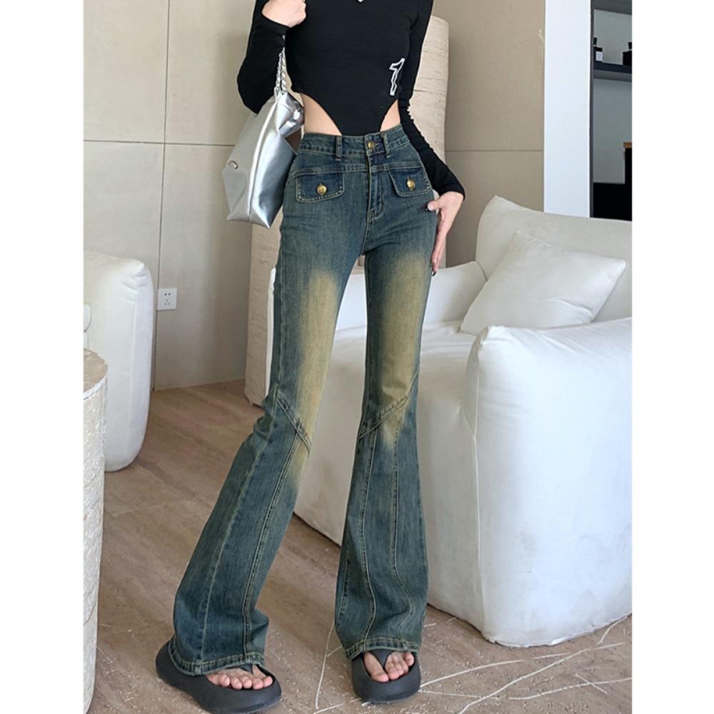 Spice girl personality street high-waisted micro-pull jeans women's spring and autumn new thin micro-pull horseshoe jeans