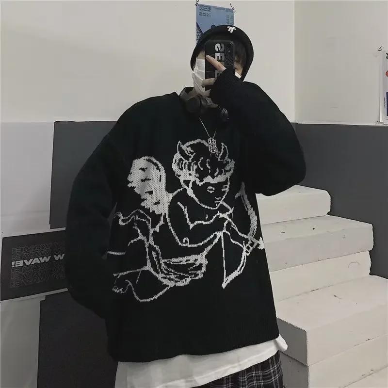 Trendy Couples' Korean-Style Angel Jacquard Knitted Sweater - Unisex Autumn/Winter Round Neck Top