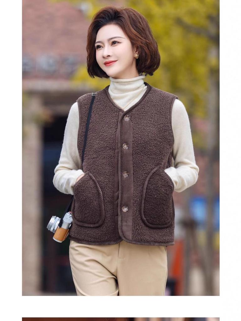 Women's Granular Fleece Vest for Middle-Aged & Elderly - Coffee Color, Sleeveless, Plus Velvet for Spring, Autumn, and Winter