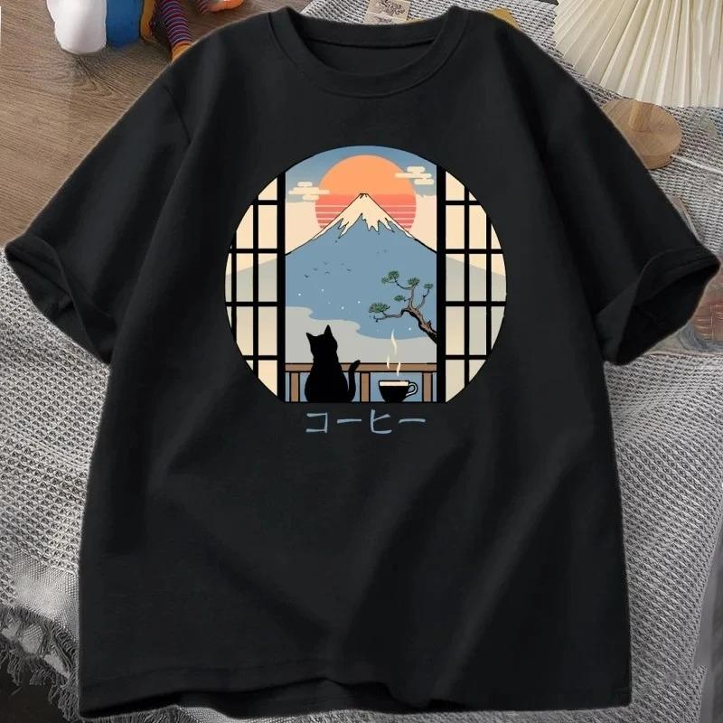 

Womens Mount Fuji and Cats Cartoon Printed Short Sleeved Tshirt Loose and Casual Soft Comfortable Women Casual Clothing S