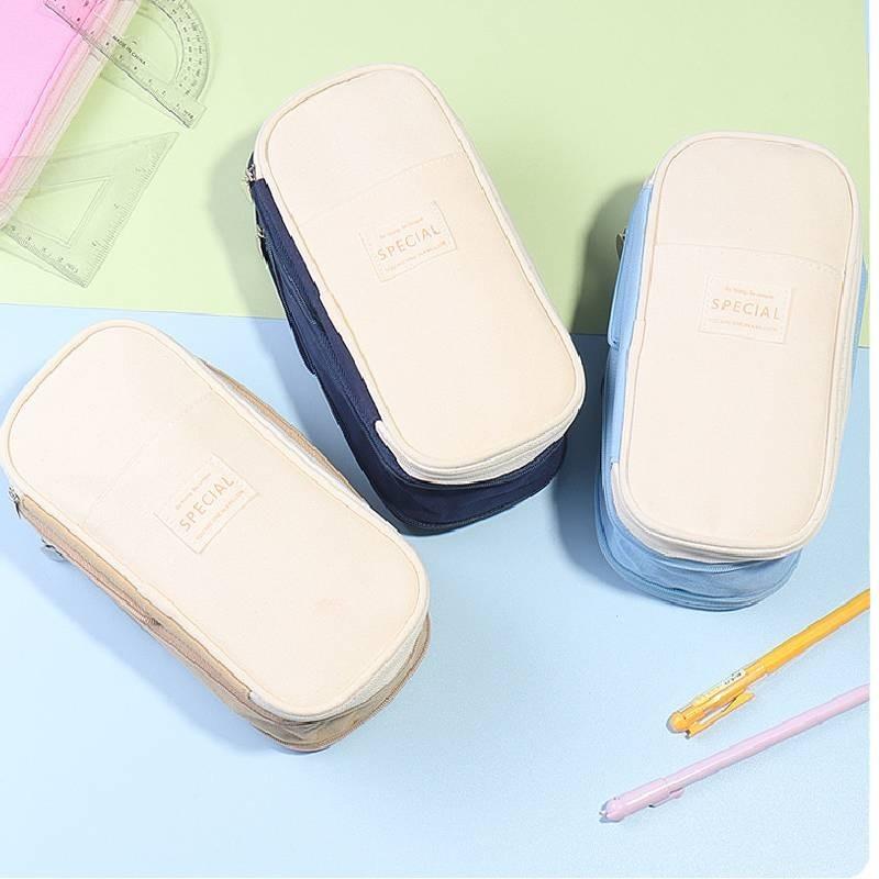Stylish Macaron Color Canvas Expandable Large Capacity Pencil Case With Dual Zippers