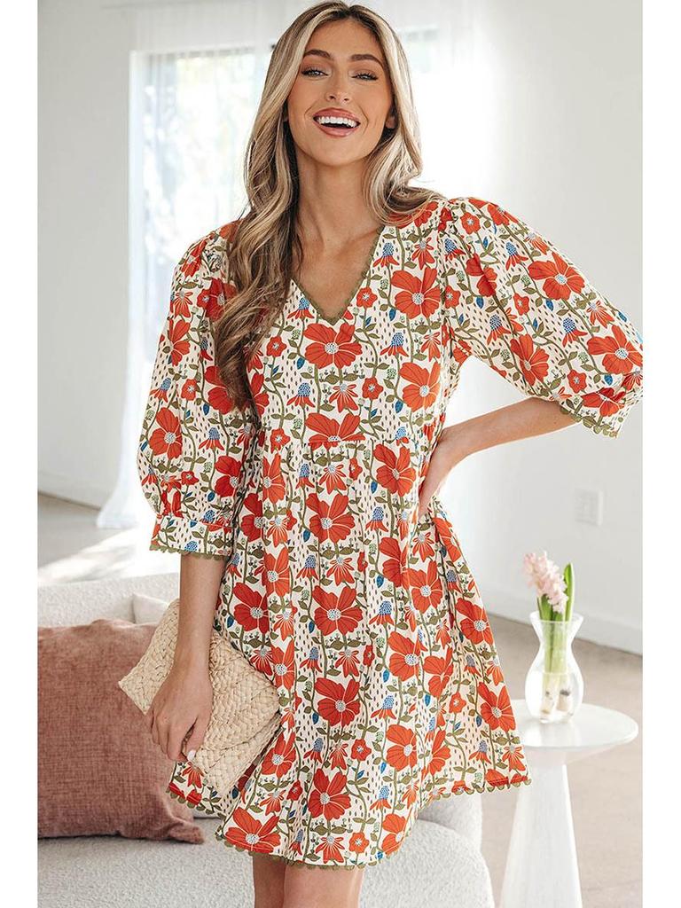 2026 Summer V-Neck Floral Print Dress: Versatile European and American Fashion Loose Cover-up Short Skirt for Women