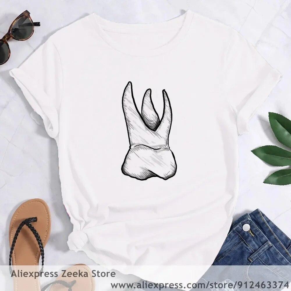 Zahn und Zahnarzt Grafik Ästhetik Frauen Lustige Print Damen T-shirt Mädchen Y2K Harajuku Basis O-kragen Weißes Hemd Kurze