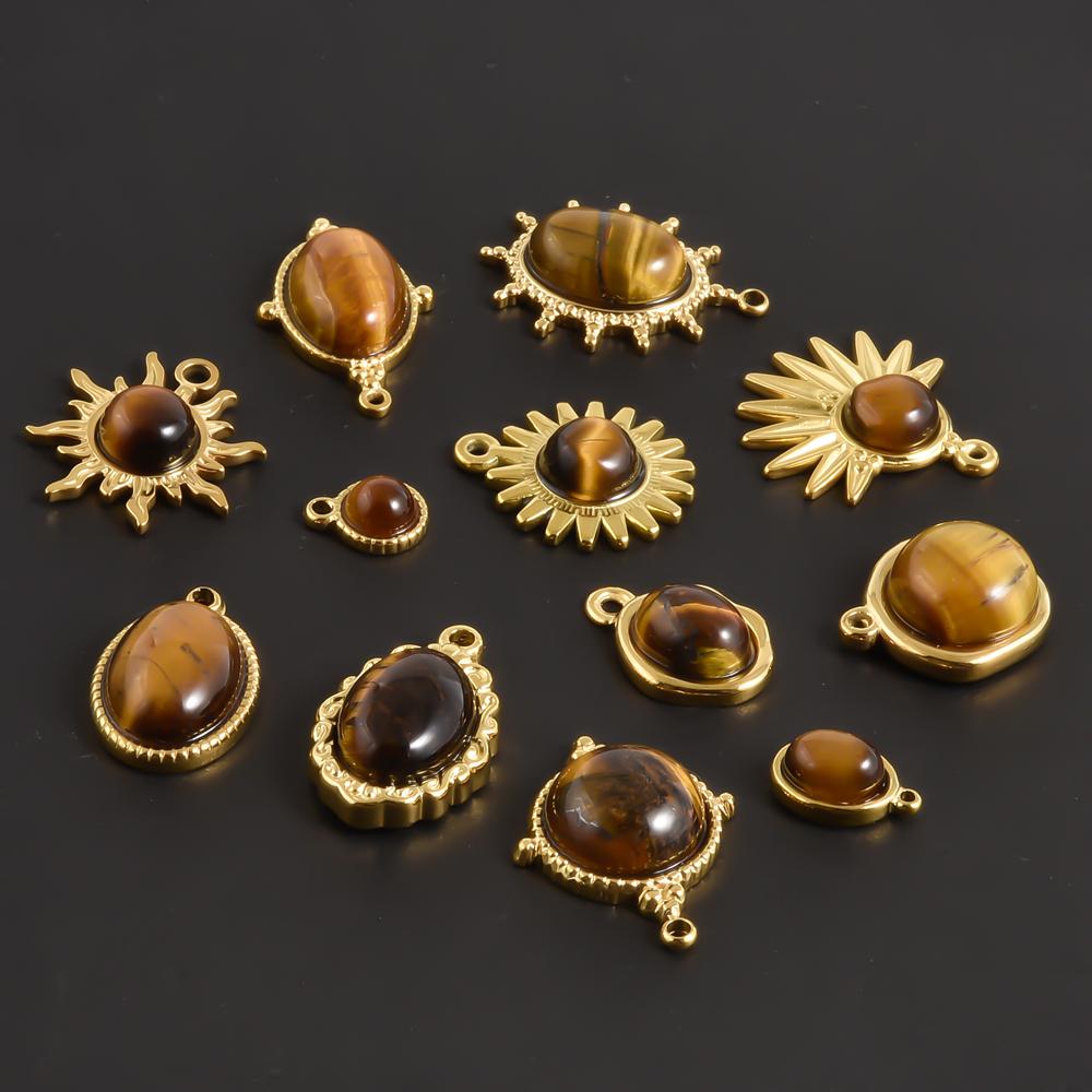 5pcs Real Natural Stone Tiger Eye Charm Sun Eye Oval Boho Pendant Gold Color Stainless Steel Pendants For Jewelry Making Finding