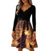 Women's Casual V-Neck Long Sleeve Vintage Halloween Print Dress