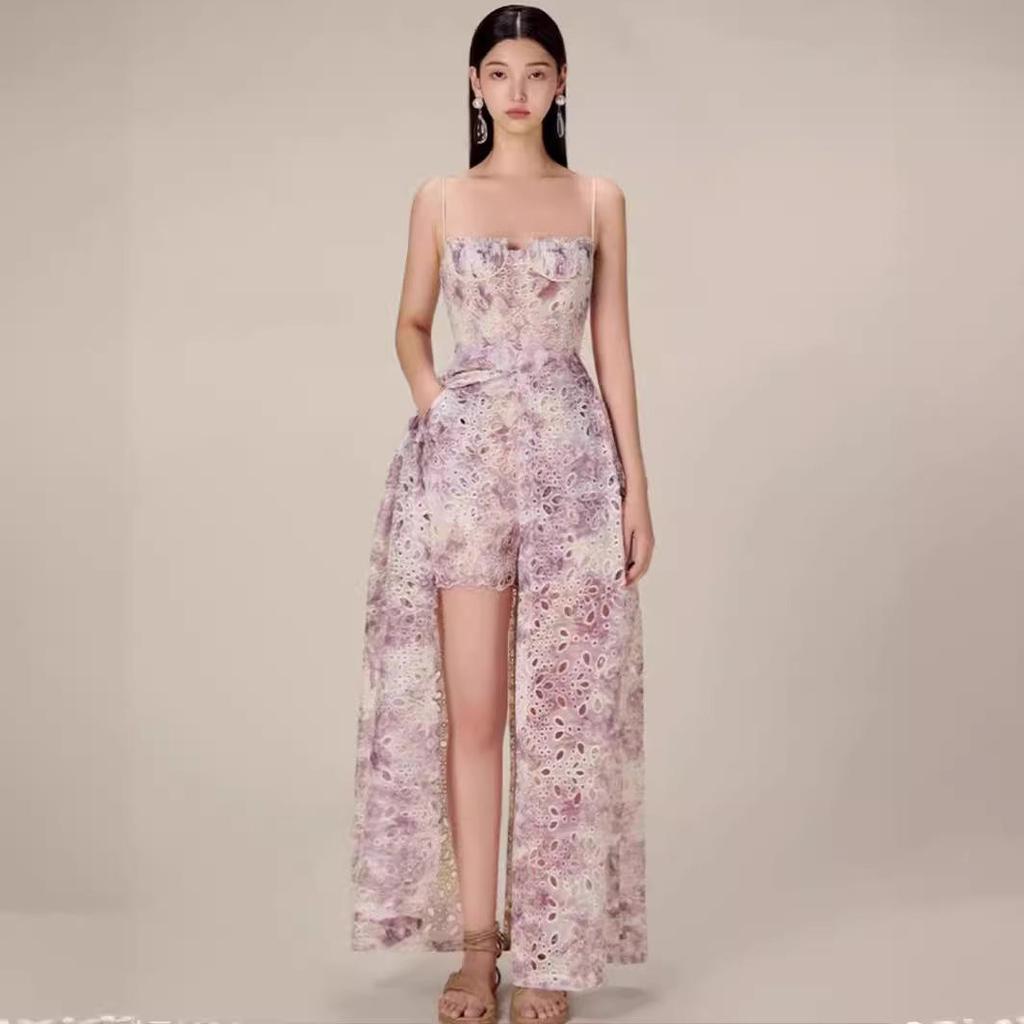 Vietnamese Designer Floral Embroidered Suspender Dress & Slim Split Long Skirt Set