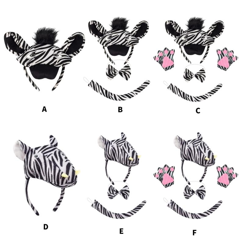1/3/4Pcs Zebras Costume Set Zebras Ears Headband Tail Bowtie Gloves for Halloween Dress Up Animals Cosplay Costumes