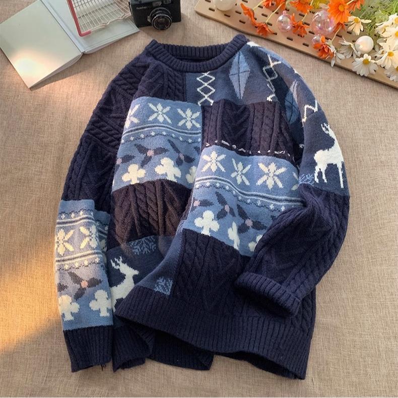 Vintage Patchwork Fried Dough Twists Round Neck Sweater Lovers Outfit Winter Port Style Graffiti Sweater Loose Pullover Lovers Knitwear Men and Women