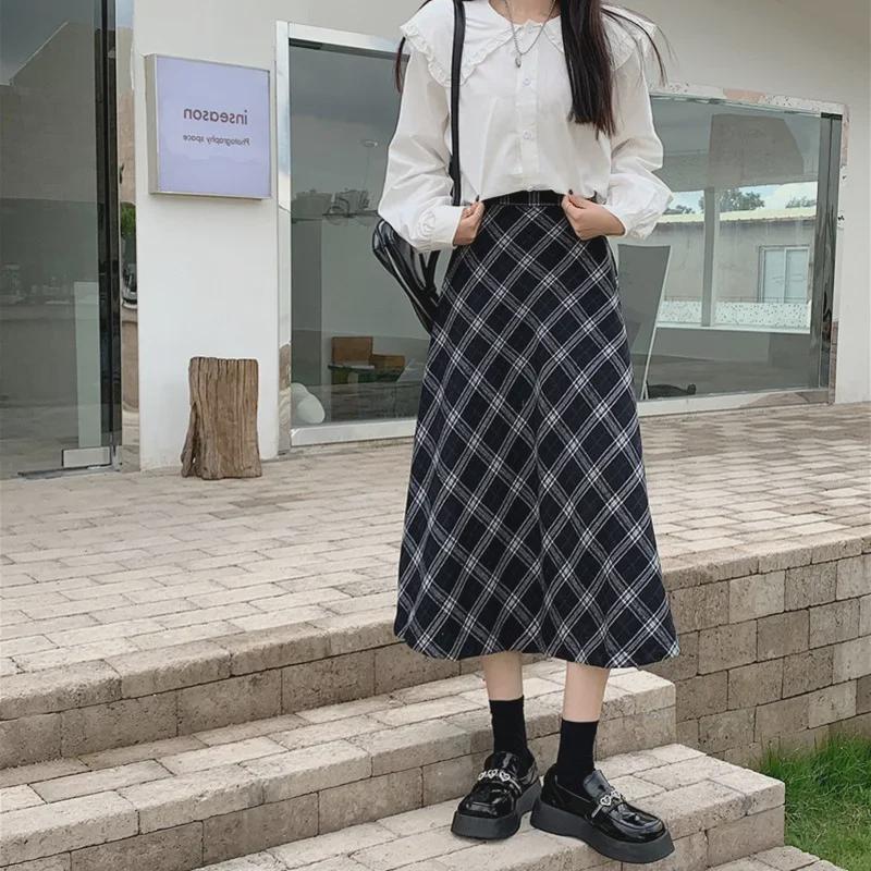 Dámská vlněná kostkovaná sukně střední délky - Elastický pas, Retro britský A-liniový styl na podzim a zimu