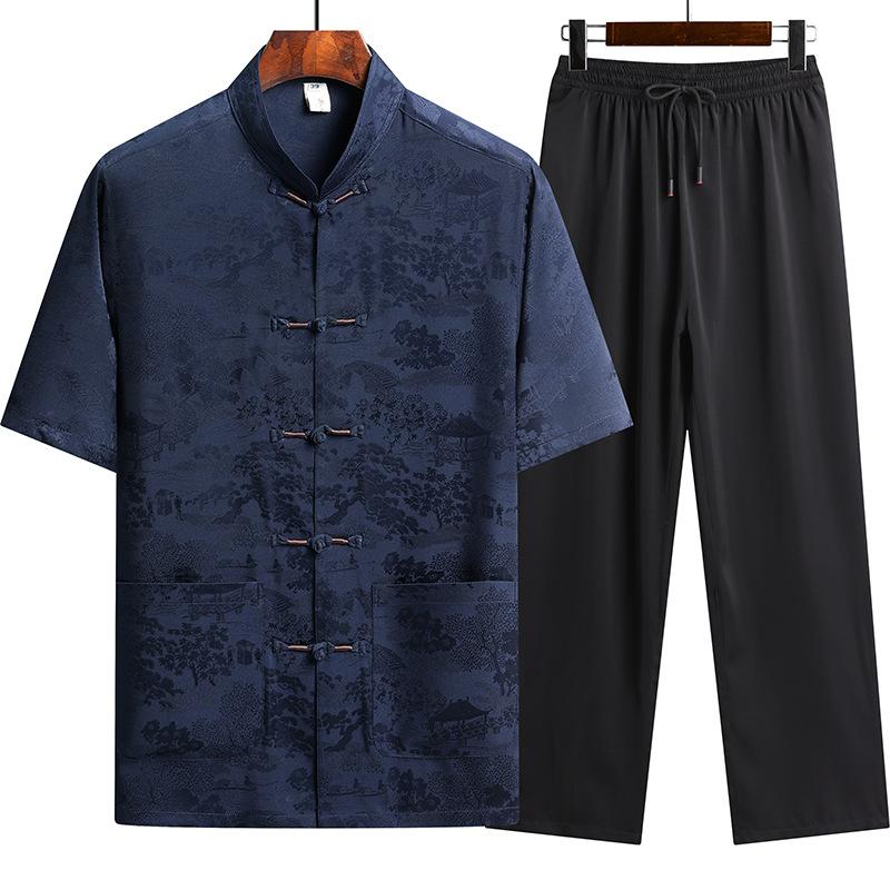 

Мужской костюм Тан (верх + брюки) Имитация ароматной марли тонкий китайский стиль пожилой этнический костюм ханьфу XXXXL темно-синий