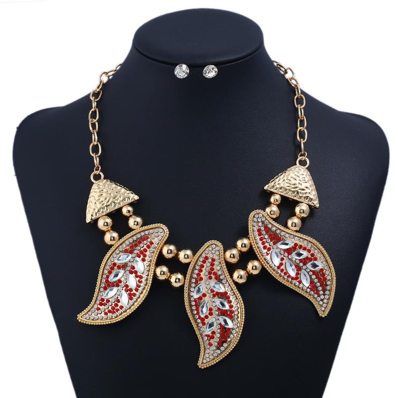 Leaf Necklace Vintage Set With Rhinestone Decor And Geometric Style For Women