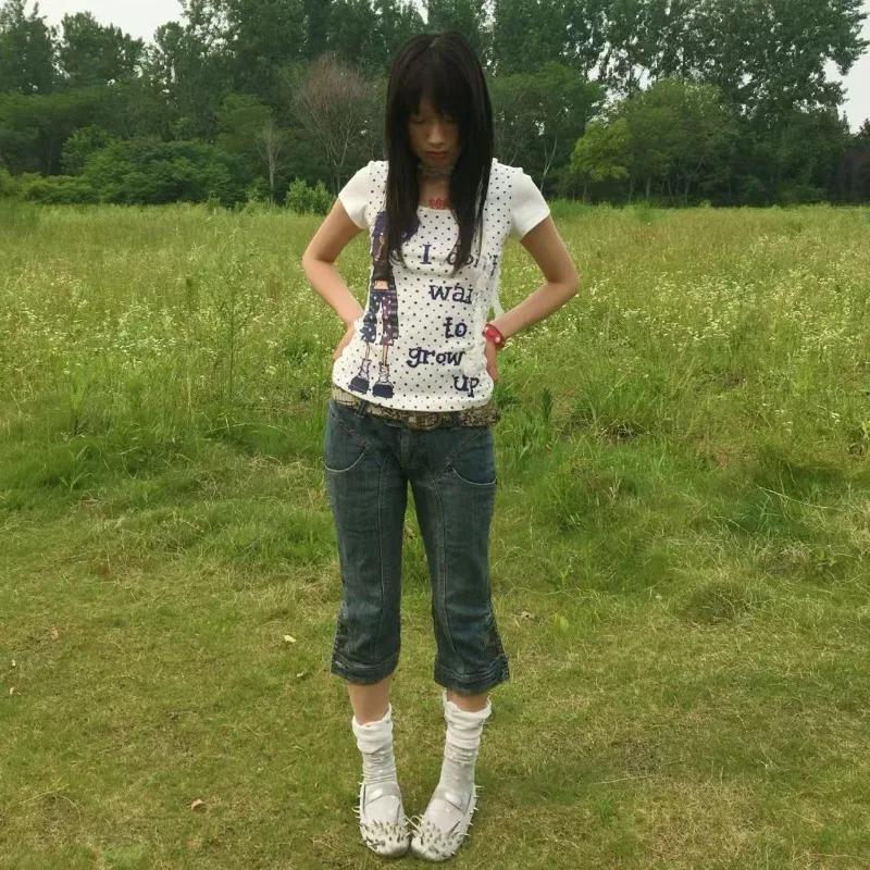 2KWEIRD Japanische Retro Subkultur Cartoon Print T-Shirts Sommer Harajuku Gepunktete Kurzarm-Tees Damen Punk Hottie Slim-Fit Tops
