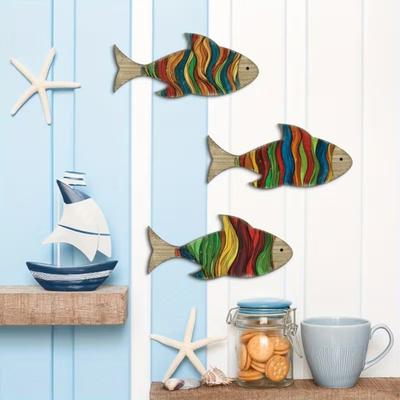 3 Pcs Wooden Tropical Fish Wall Art Coastal Theme Vintage Wall Sculpture Lake House Hanging Ocean Decor for Bedroom Living