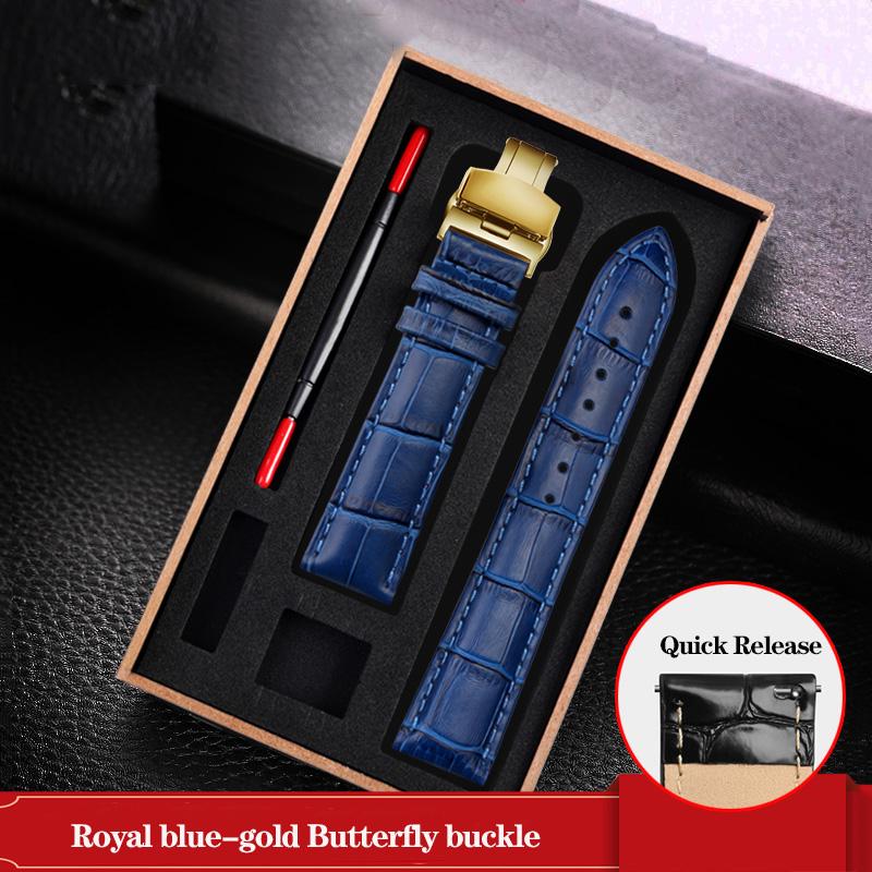 Leather Watchband Black Blue Cowhide Strap Butterfly Buckle Fits All Brands of Watches Men Women 12/14/15/16/18/19/20/22/23mm