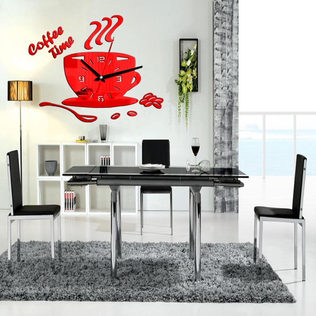 DIY Acrylic Mirror Wall Clock Coffee Cup Design Silent Home Decor