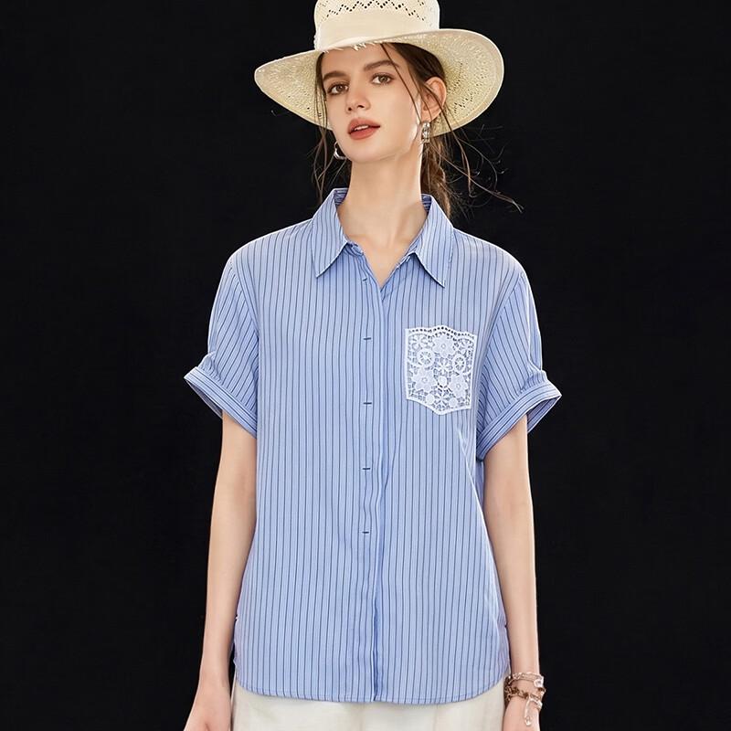 Wudao Women s Striped Lace Patch Pocket Short-Sleeve Shirt M