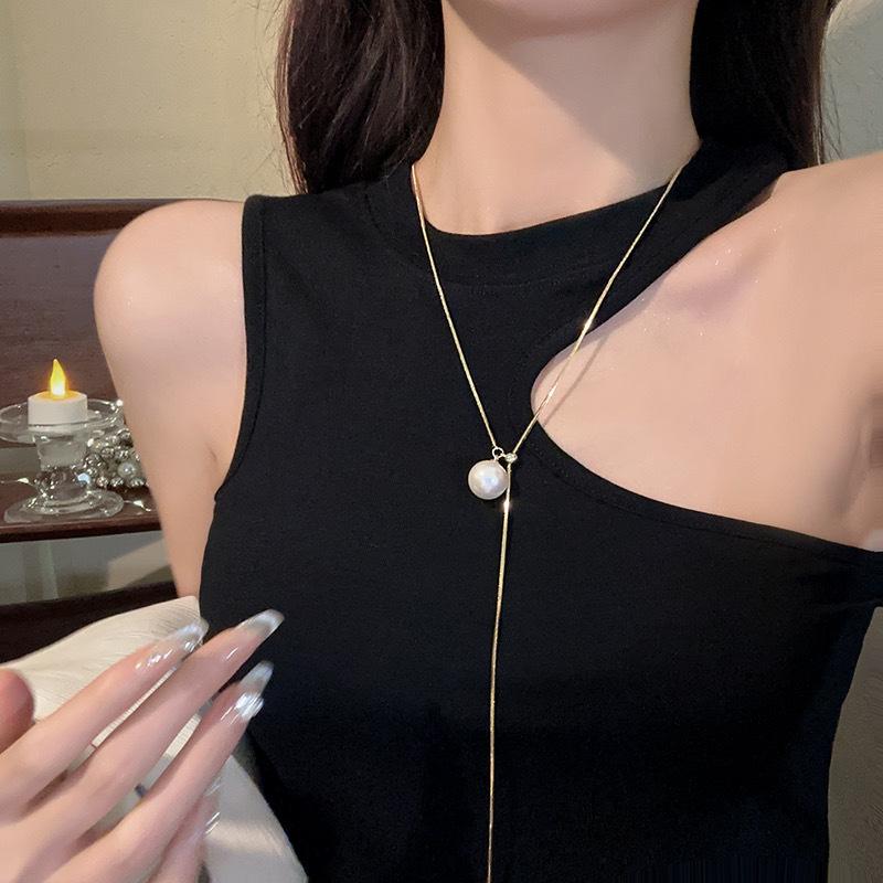 Titanium steel does not fade pull-out adjustable pearl long sweater chain light luxury luxury high-end round ball tassel necklace for women