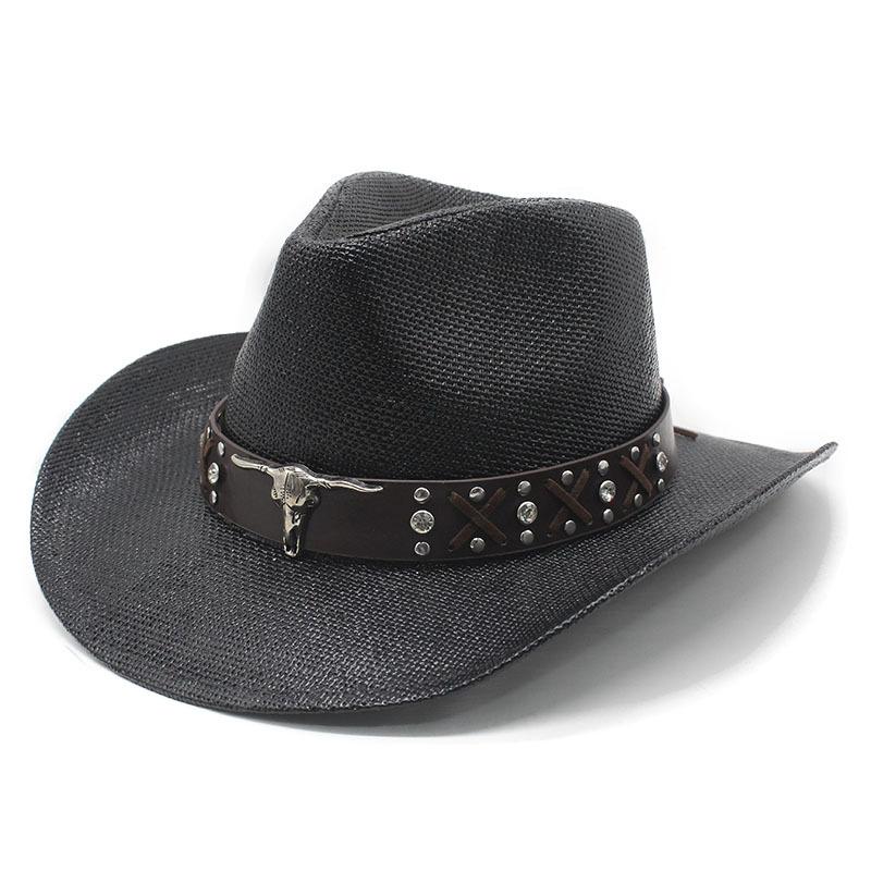 Retro bull head decorative straw hat hot-selling straw woven western cowboy hat men's and women's summer sun hat