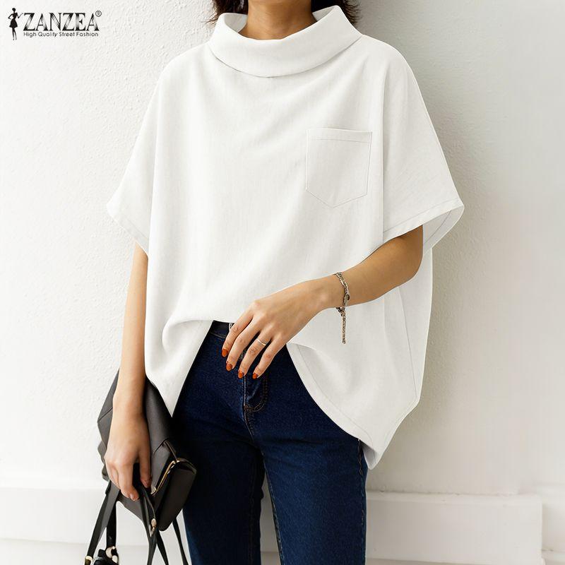 ZANZEA Women Loose Casual Stand Collar Summer Half Sleeve Blouse