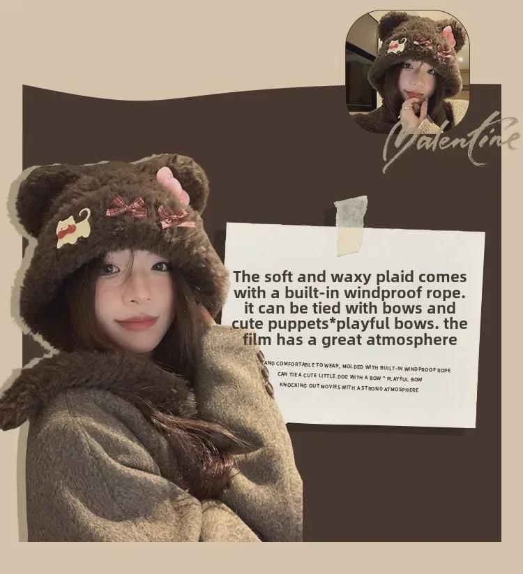 Căciulă caldă de pluș cu urechi de ursuleț și pisică, cu fundă, pentru femei – Protecție pentru urechi de toamnă/iarnă cu design cu față deschisă