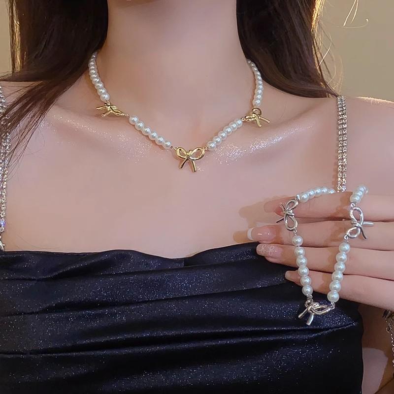 Premium bow pearl necklace summer new light luxury niche collarbone chain summer explosion neck chain accessories women