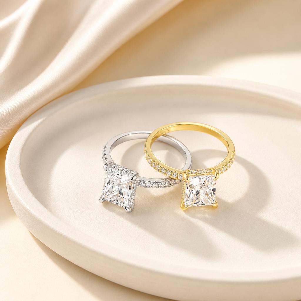 Fashion Wedding Accessories Rectangular Zircon Plated 18K Gold Couple Engagement Diamond Ring