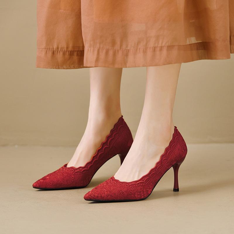 White high heels wedding shoes women's spring new pointed head stiletto embroidered lace Xiuhe wedding bride shoes