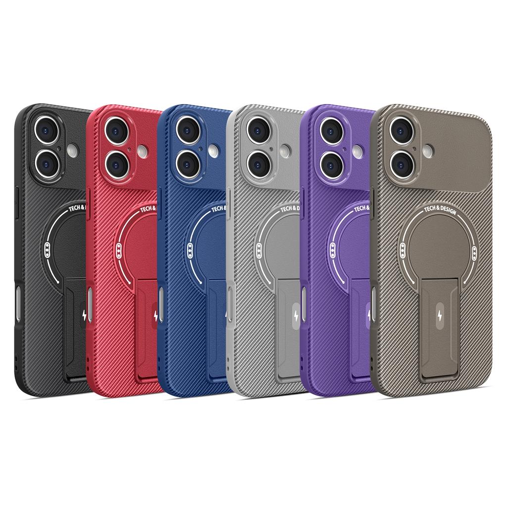 For iPhone 17 Case with Kickstand Carbon Fiber Texture PC+TPU Phone Cover