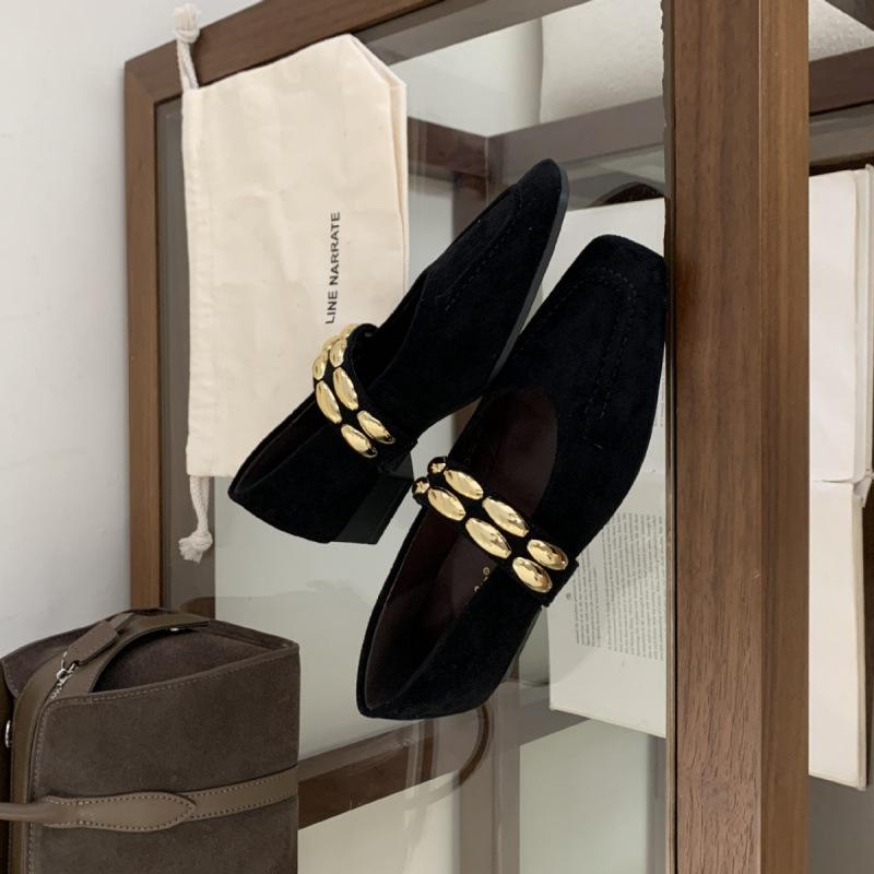 2025 autumn and winter new square head suede thick low heel light mouth versatile metal buckle decorative soft sole women's single shoes