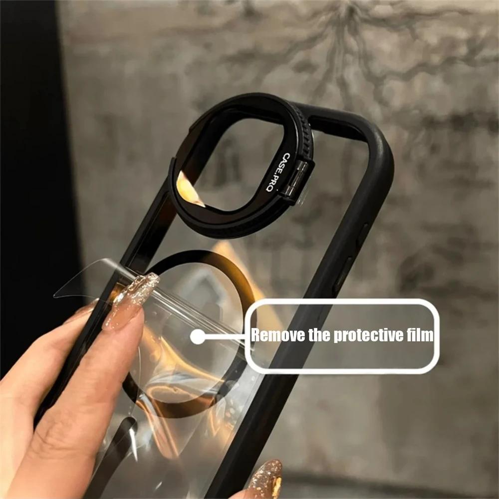 Camera Lens Protection Flip Bracket Stand For Magsafe Magnetic Case for iPhone 16 11 12 13 14 15 Pro Max Plus Transparent Cover