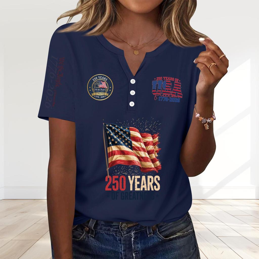 Women's Fashion Casual 250th Anniversary Independence Day Print V-Neck Short Sleeve Decorated Button-Up T-Shirt