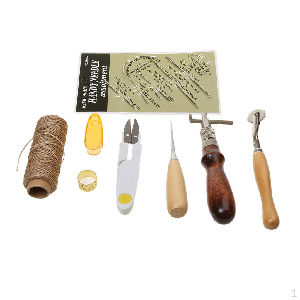 

Leather Craft Basic Hand Stitching Sewing Tool Kit Waxed Thread Awl Groover Set of 7pcs