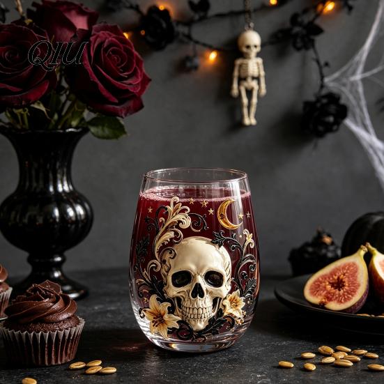Totenkopf Design Dekorative Tasse Halloween Handwerkskunst Glaswaren, Fledermaus/Zaubererhut/Vogelscheuche/Krähe Handbemalter Kelch, 420ml Bleifreies Transparentes Glas