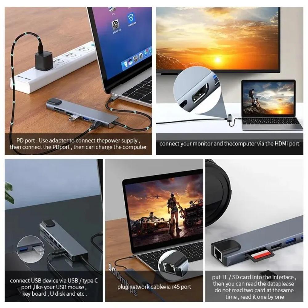 USB 8 in 1 Typ C 3 1 zu 4k HdTV Hub Adapter mit SD TF RJ45 Kartenleser PD schnelle Ladung für Macbook Notebook Computer