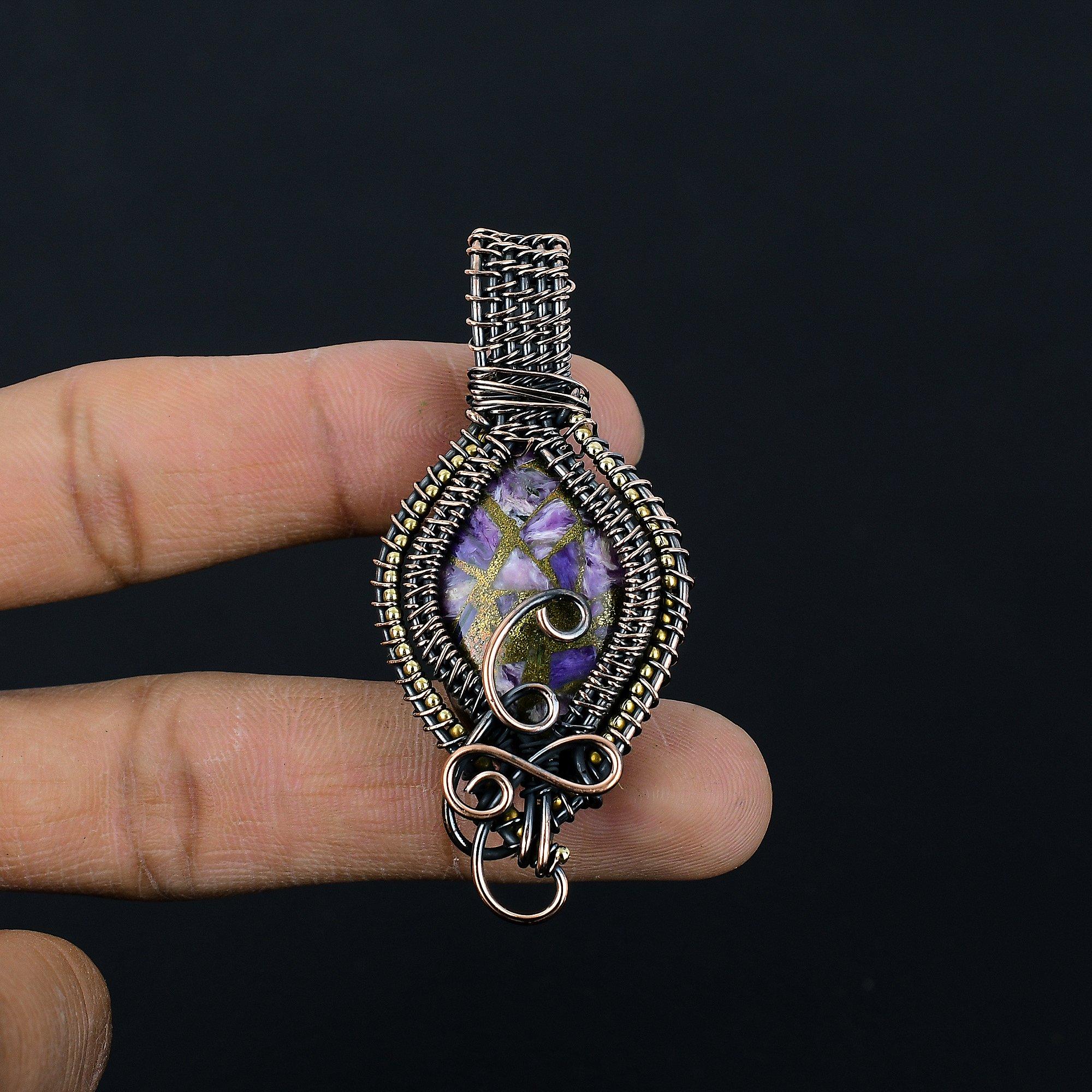 

Медный кулон с чароитом, Ювелирные изделия из драгоценных камней, Кулон, обернутый медной проволокой 999 пробы, Подарок жене ручной работы 2.55 Inches